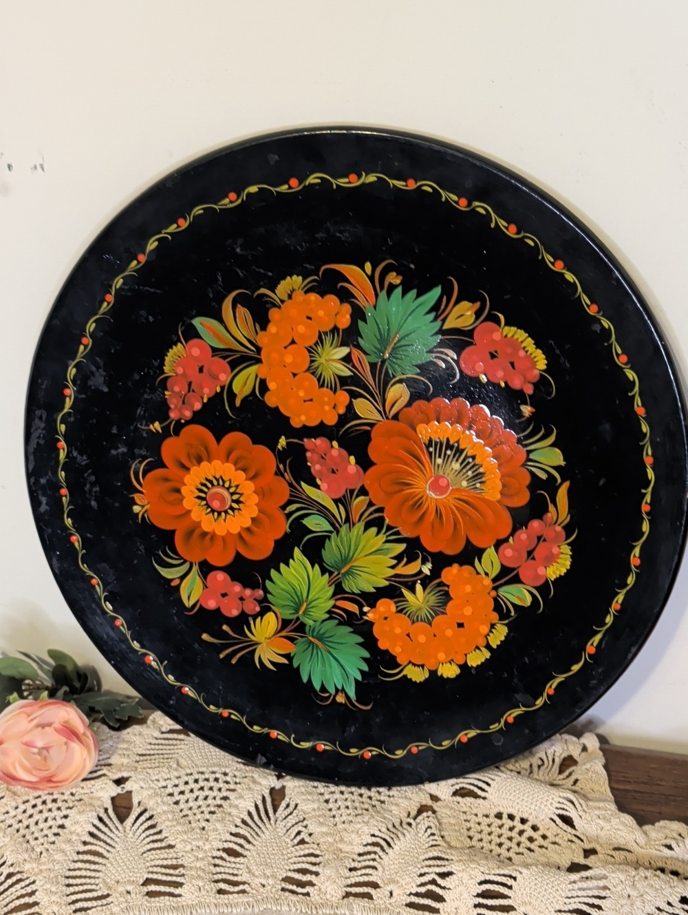 Vintage 1991 Ukrainian Petrykivka Hand Painted Wood 13” Folk Art Wall Plate USSR